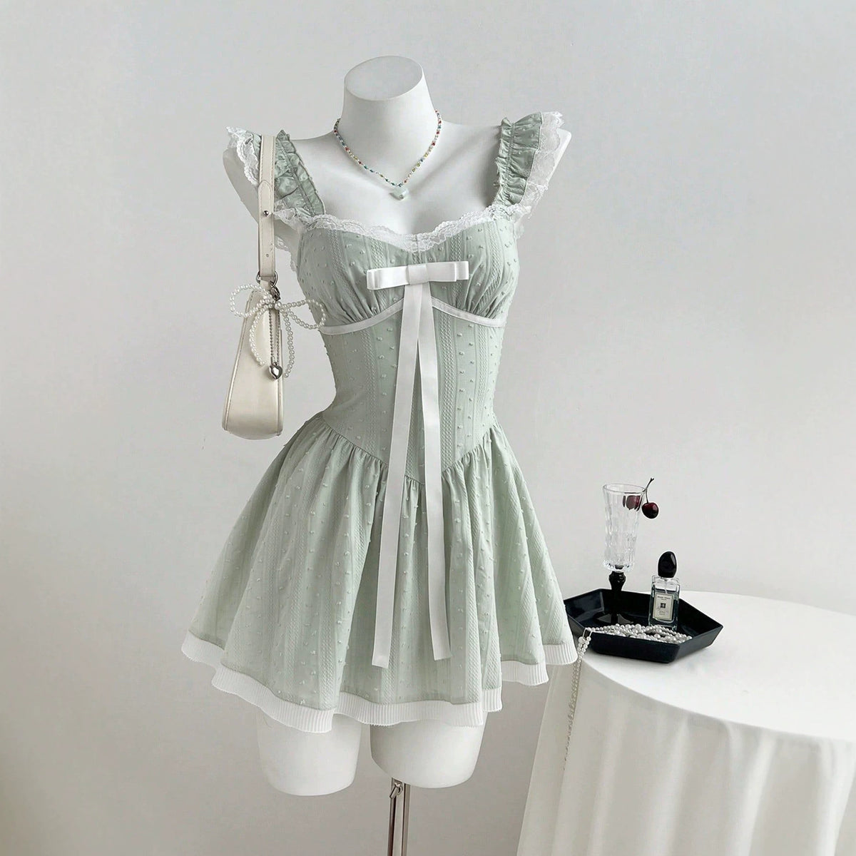 Lace lace bow women's suspender mini dress