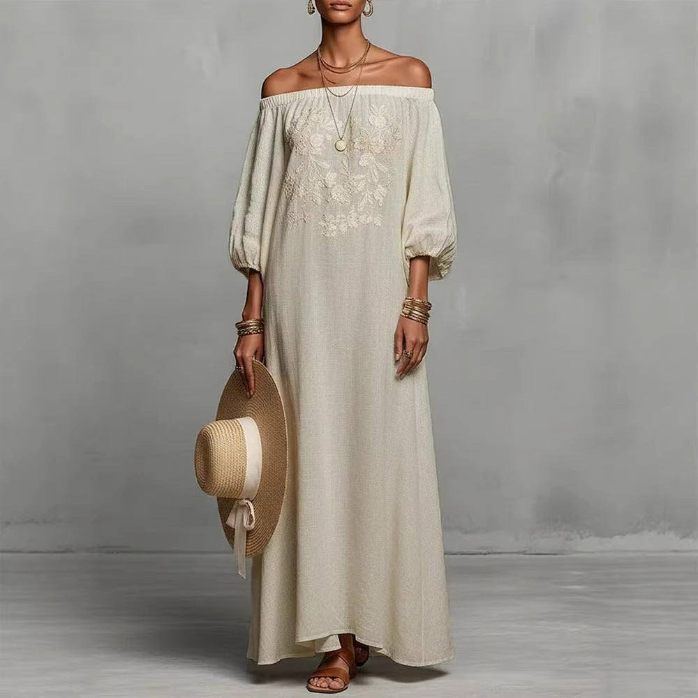 Elegant Floral Off-Shoulder Long Dress for Vacation, Casual Maxi Dress