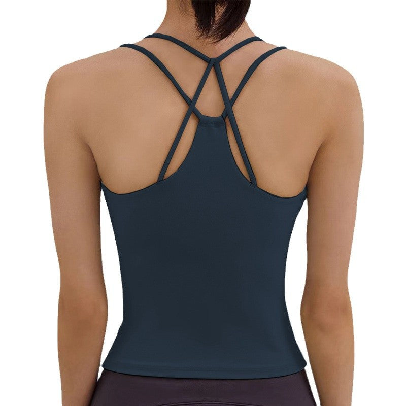 New Yoga Back-Enhancing Sports Fitness Tank Top for Women with Built-in PadsShockproof, Thin Straps, Crossed Strap Top
