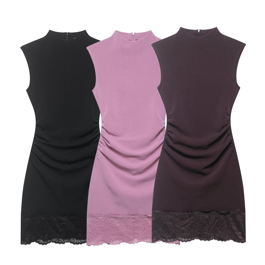 Commuting style elastic lace short dress
