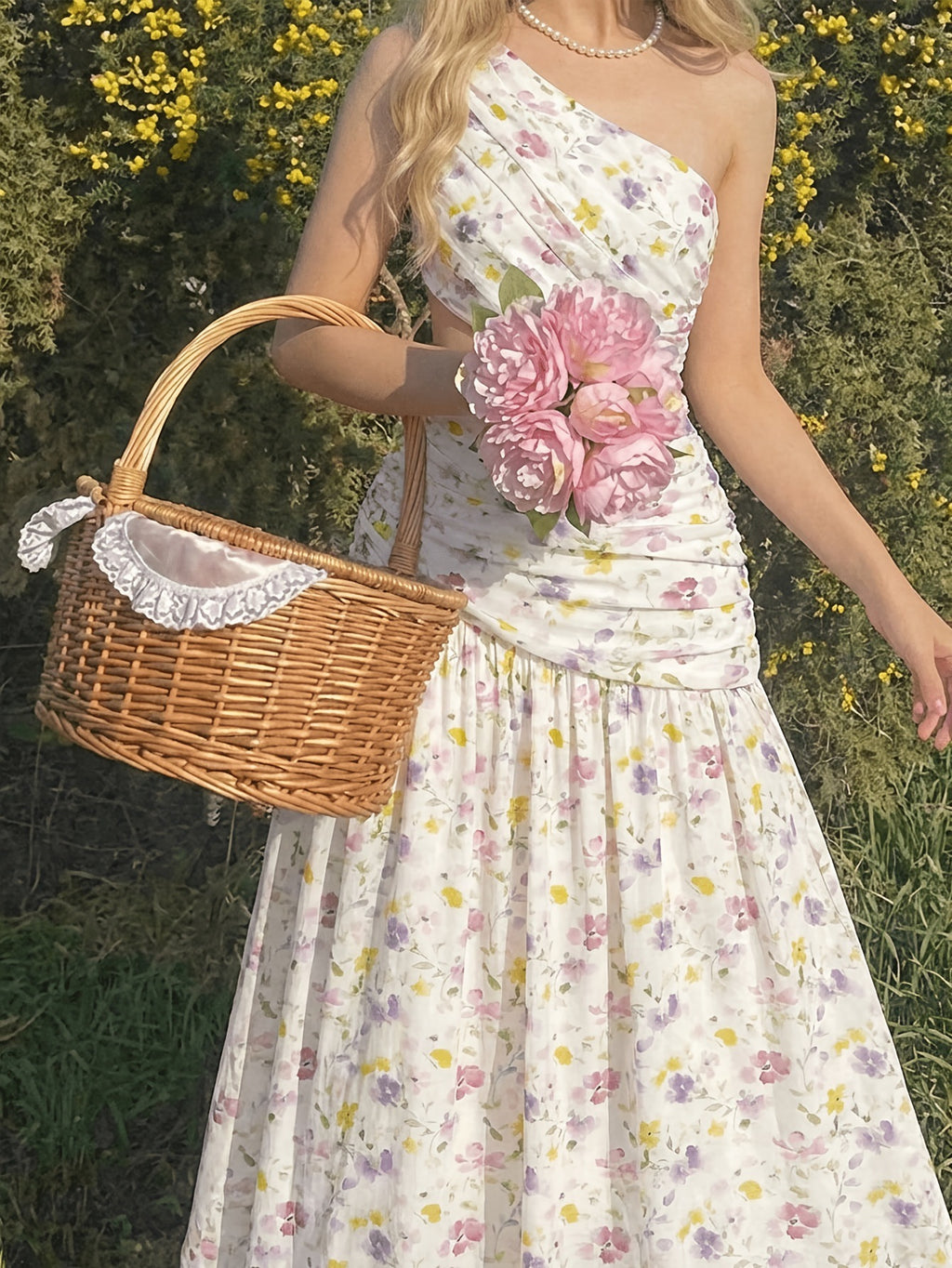 Summer New Elegant Romantic Floral Print Asymmetric Single Shoulder Cut-Out Pleated A-Line Long Dress