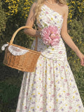 Summer New Elegant Romantic Floral Print Asymmetric Single Shoulder Cut-Out Pleated A-Line Long Dress