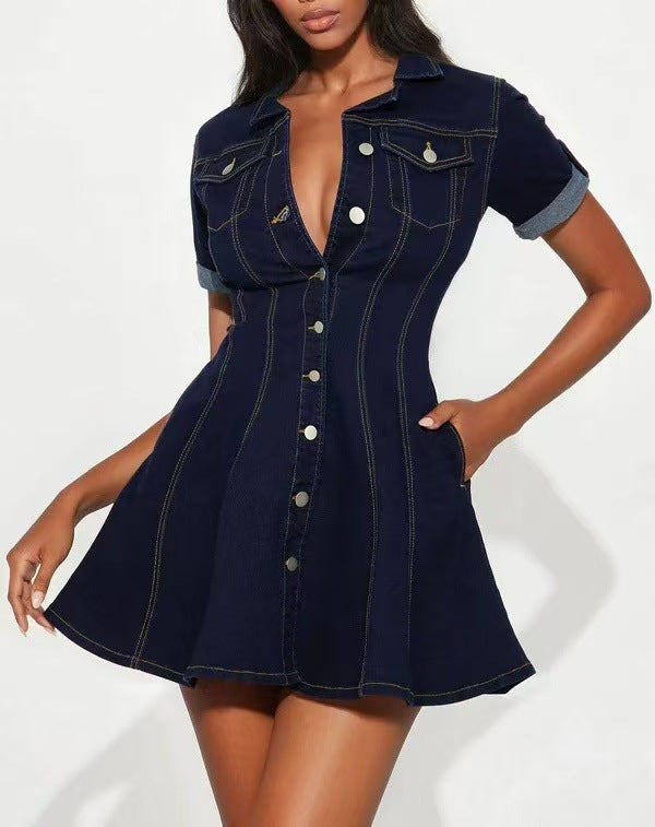 Fashion denim dress with short sleeves and waist cinching for slimming women