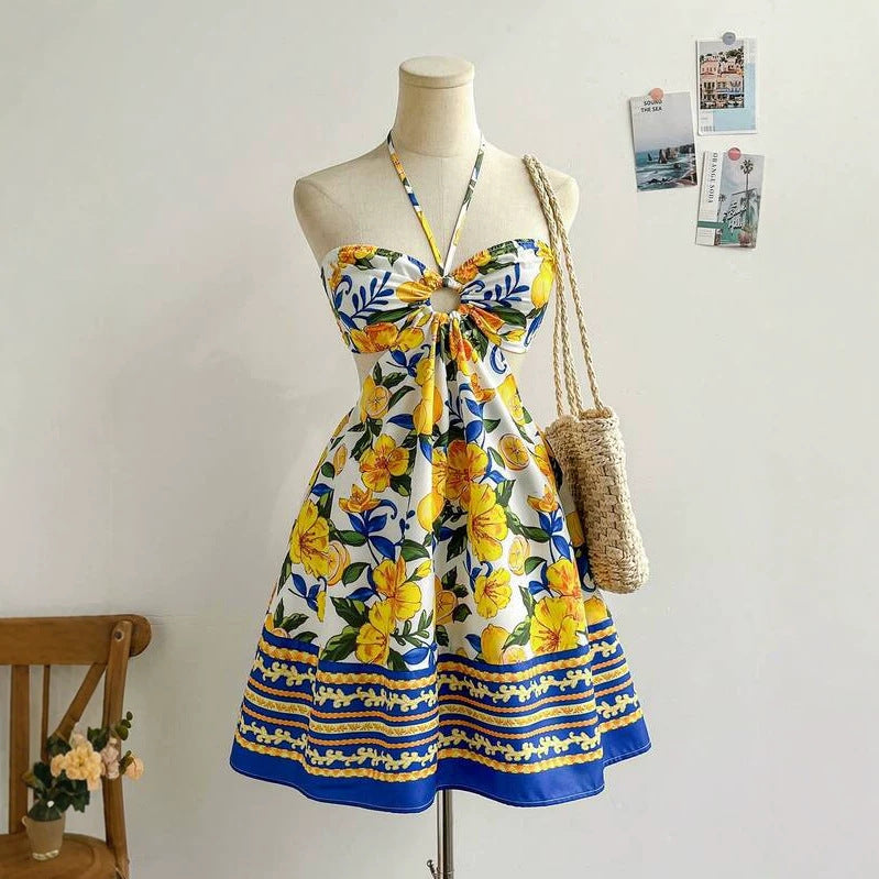 Bohemian Beach Vacation Strapless Crop Top Dress Red Ocean Floral Cut-Out Waist Dress