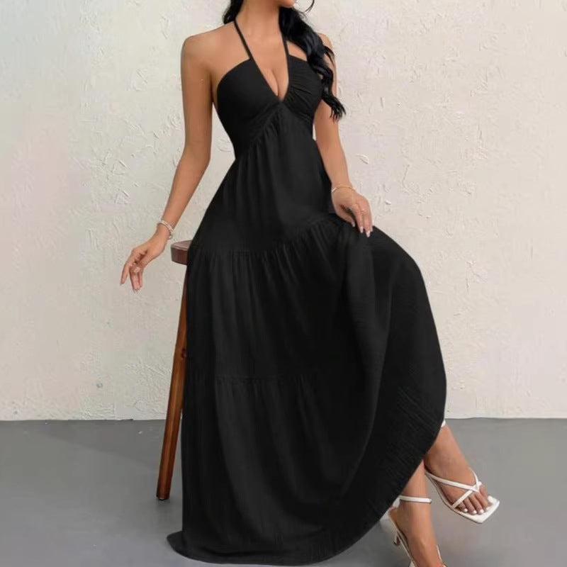 European and American Style Summer New Solid Color Strapless Sexy Backless Tie-Up Beach Vacation Casual Halter Neck Dress