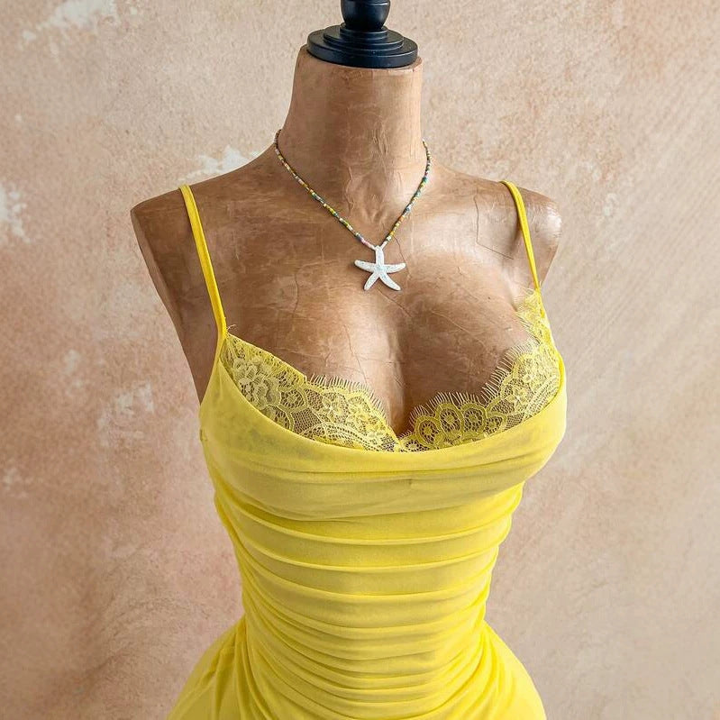 Soft Yellow Lace Strap Dress with Pleated Waist, Tulle Ruffle,Elegant Bodycon Style