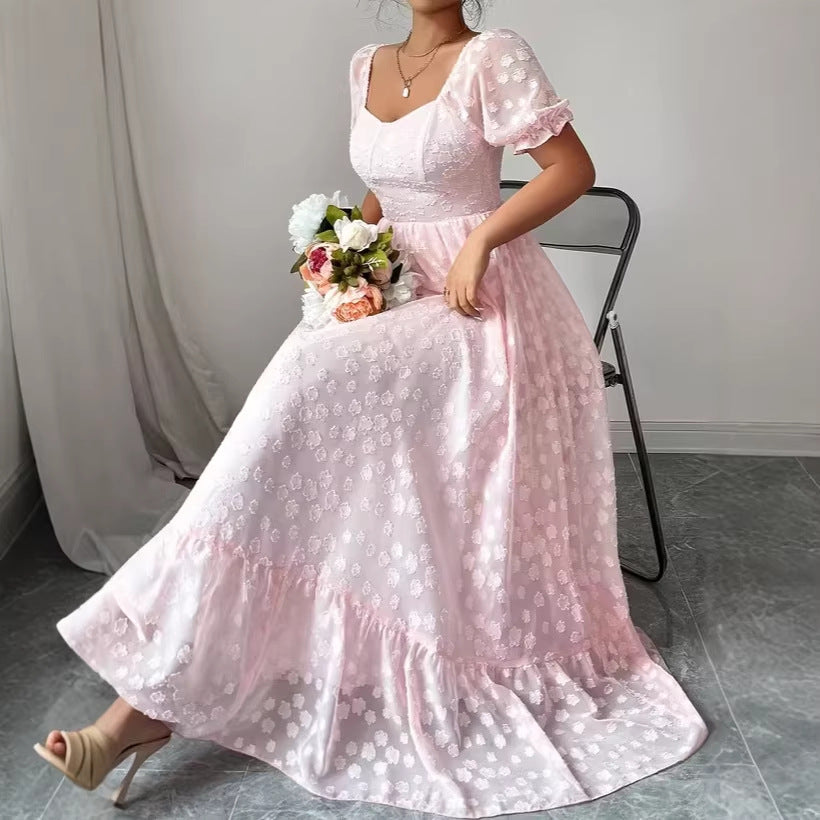 Square Neck Pink Embroidered Dress for Women, High-Waisted Slim Fit Plus Size Dress