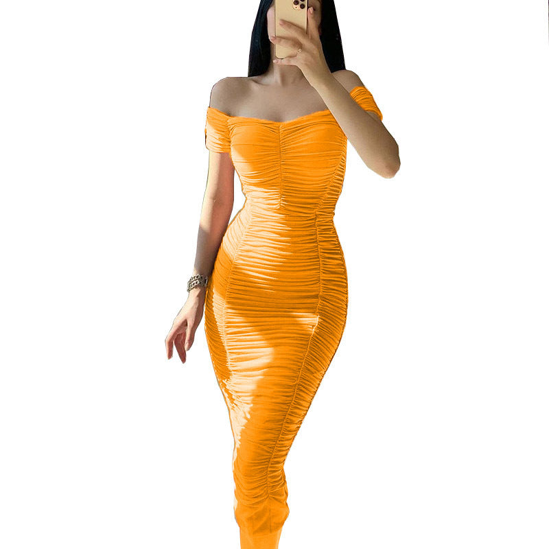 Elegant Pure Color Long Dress with Off-Shoulder Pleated DesignSummer Women's Dress