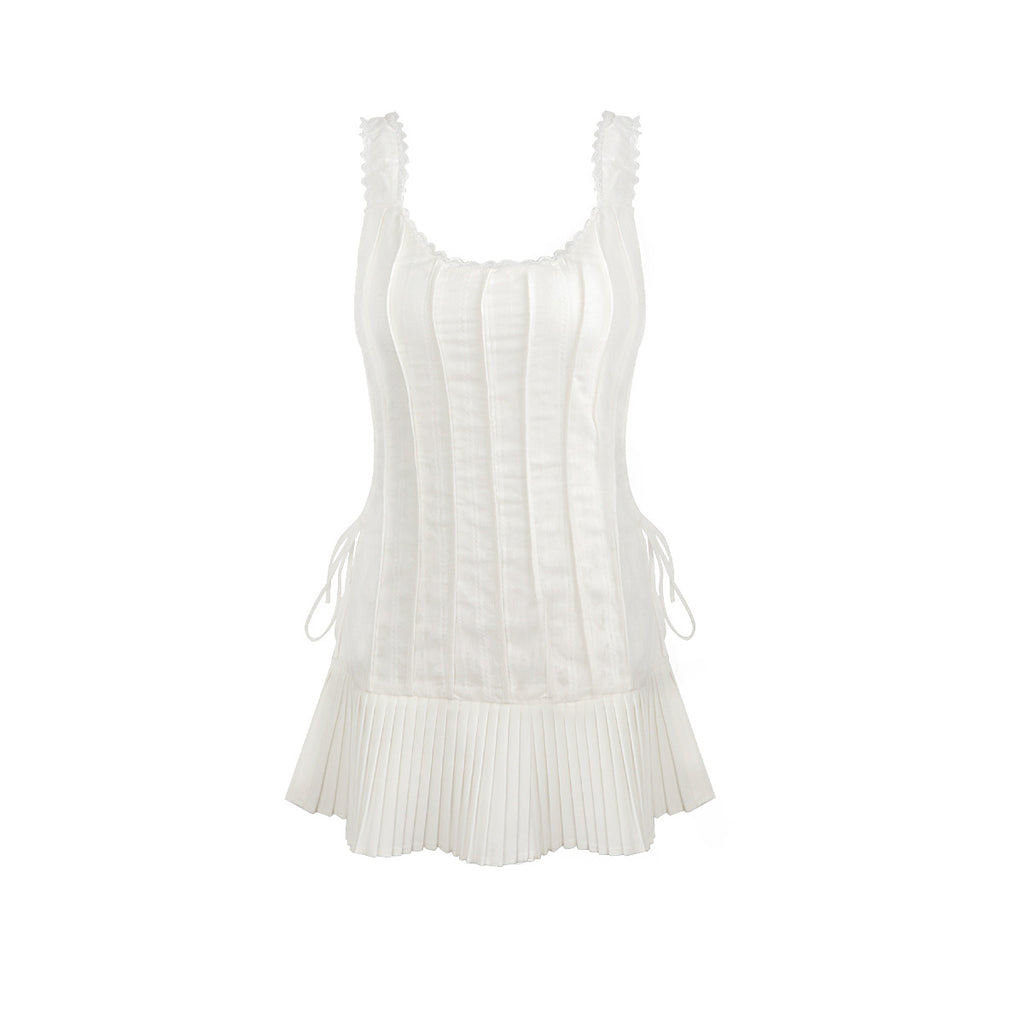 Asymmetrical Pleated Tie-Up Dress with Strap Design, Romantic Mini Dress for Date, Elegant Pleated Dress