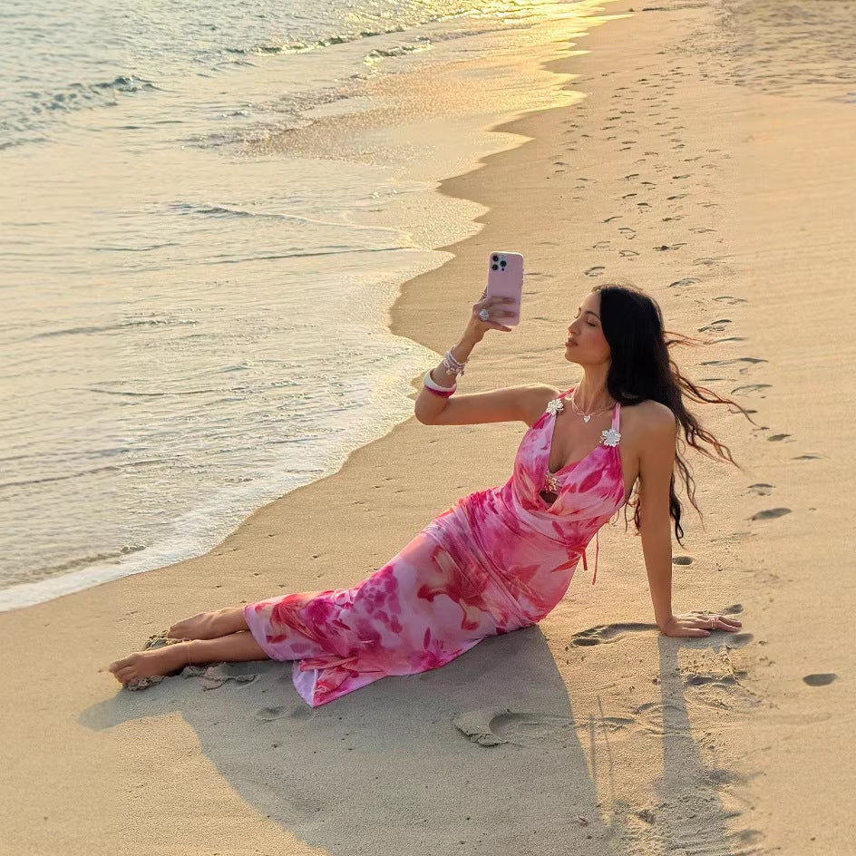 Pink Bohemian Metal Flower Embellished Tie-Neck Strapless Dress for Beach Vacation