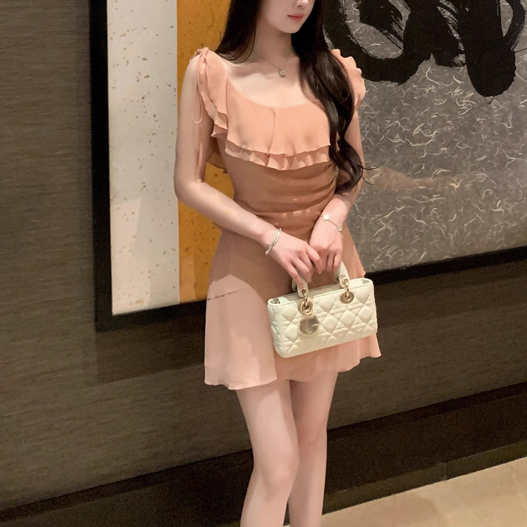 Soft Vacation Style Chiffon Fitted Mini Dress for Women with Ruffle Sleeveless Dress