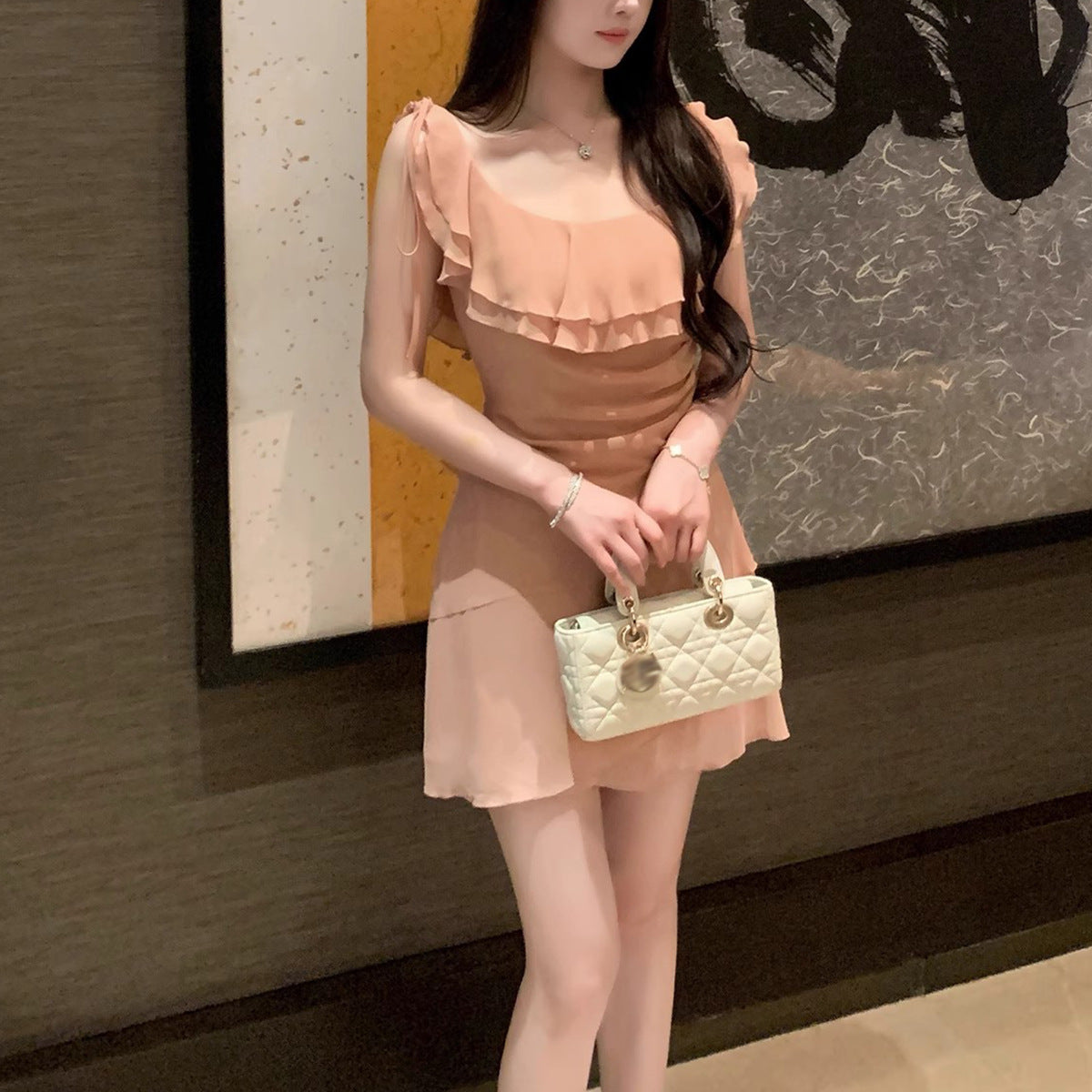 Soft Vacation Style Chiffon Fitted Mini Dress for Women with Ruffle Sleeveless Dress