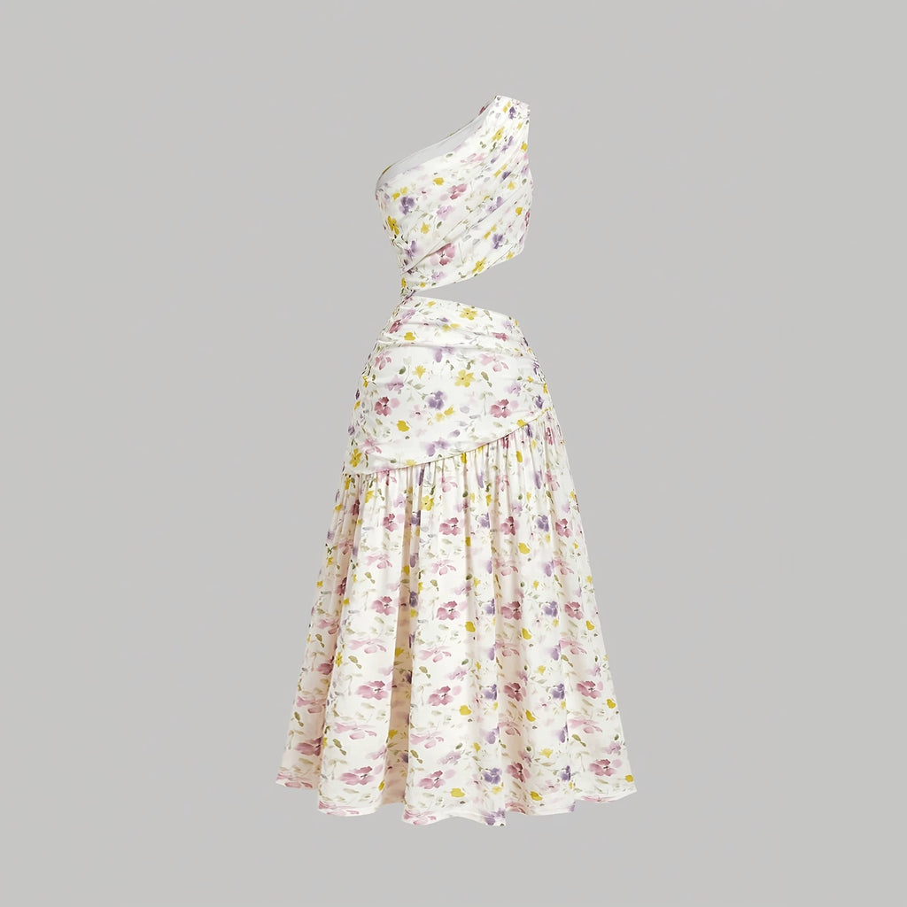 Summer New Elegant Romantic Floral Print Asymmetric Single Shoulder Cut-Out Pleated A-Line Long Dress
