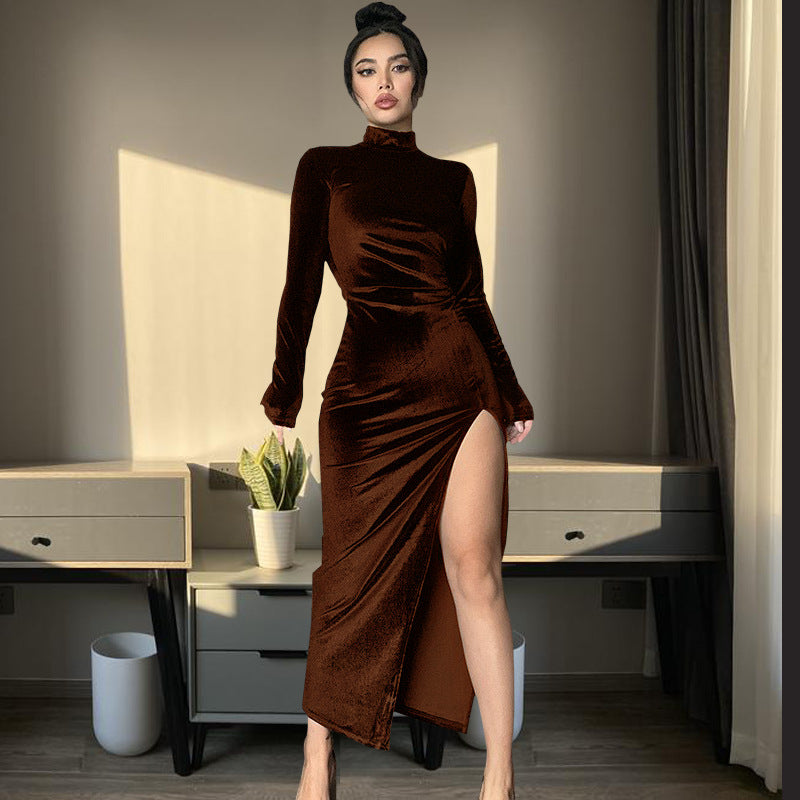 Women's High Neck Long Velvet Dress with Pleats and Slit Fitted SilhouetteAutumn/Winter Fashion