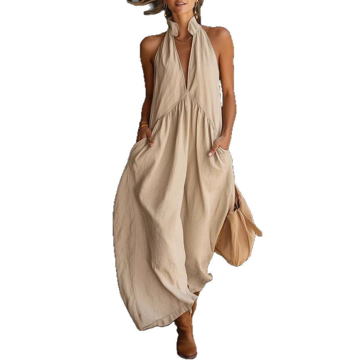 Style Sleeveless Stand Collar Solid Color Long Vacation Dress for Women