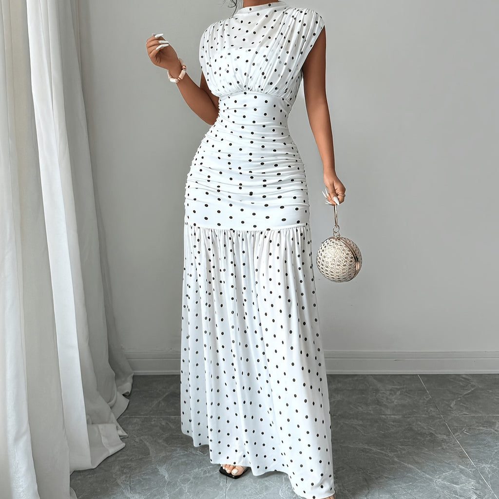 Fashionable Polka Dot Pleated Fitted Elegant Sleeveless Long Dress for Women