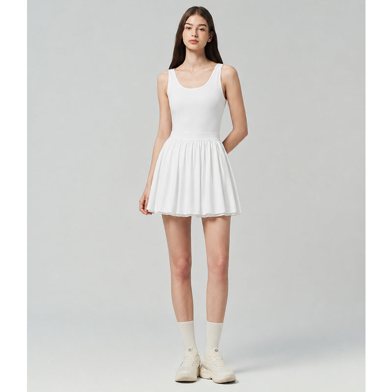 Youthful Sporty Tennis Dress with Pleated Hem, Backless, Fitted Waist, Flared Skirt