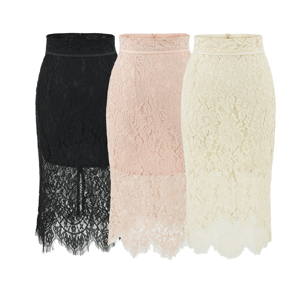 Black Hollow Lace Fitted High-End Women's Bodycon Mid-Length Skirt