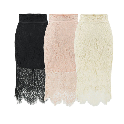 Black Hollow Lace Fitted High-End Women's Bodycon Mid-Length Skirt