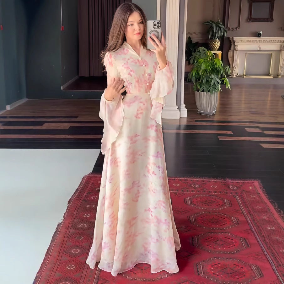 Style Printed Fitted Flared Sleeve A-line Long Sleeve Dress