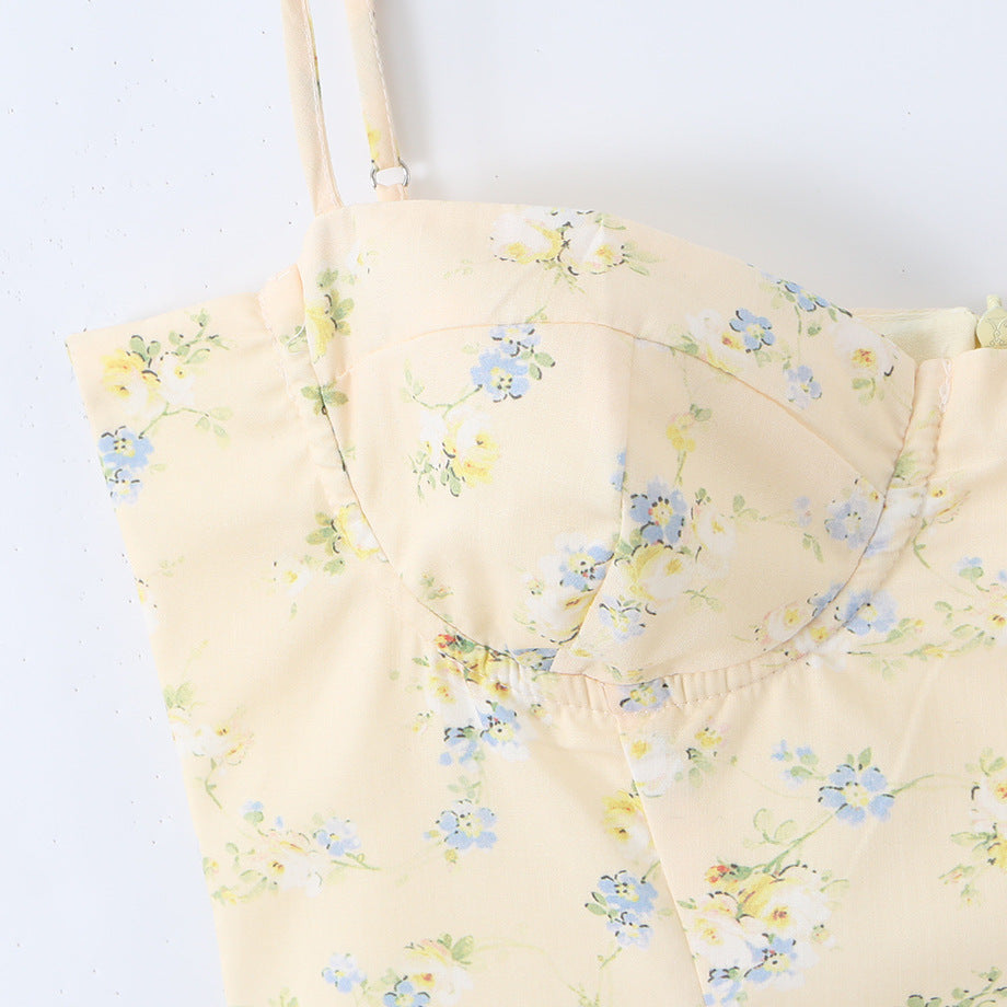 Holiday style floral waist cinching camisole dress