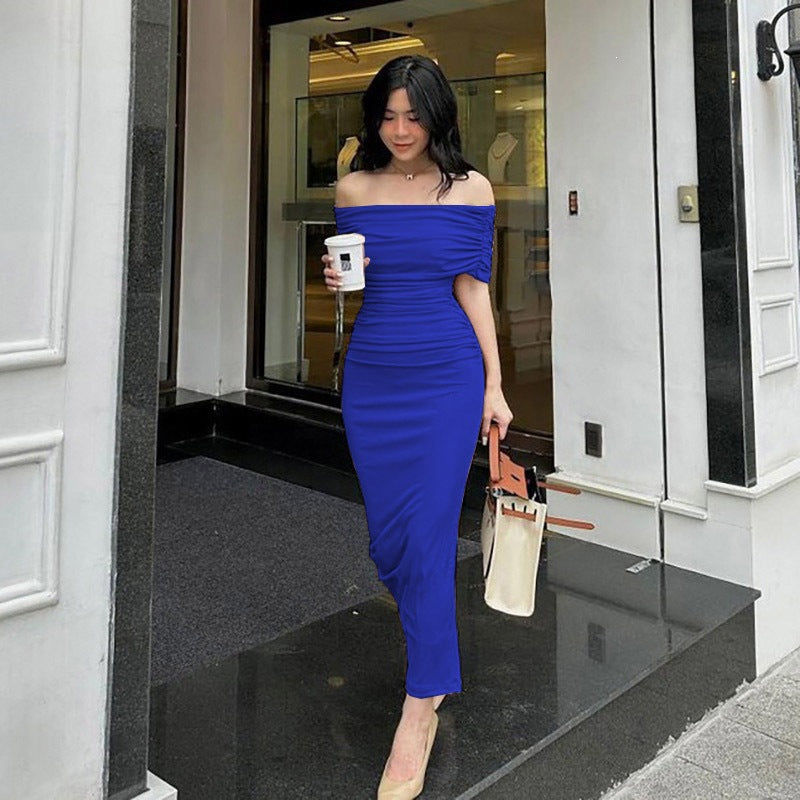 One-Shoulder Pleated Dress, Slim Fit, Bodycon, Side Slit, Cocktail Dress Long Dress