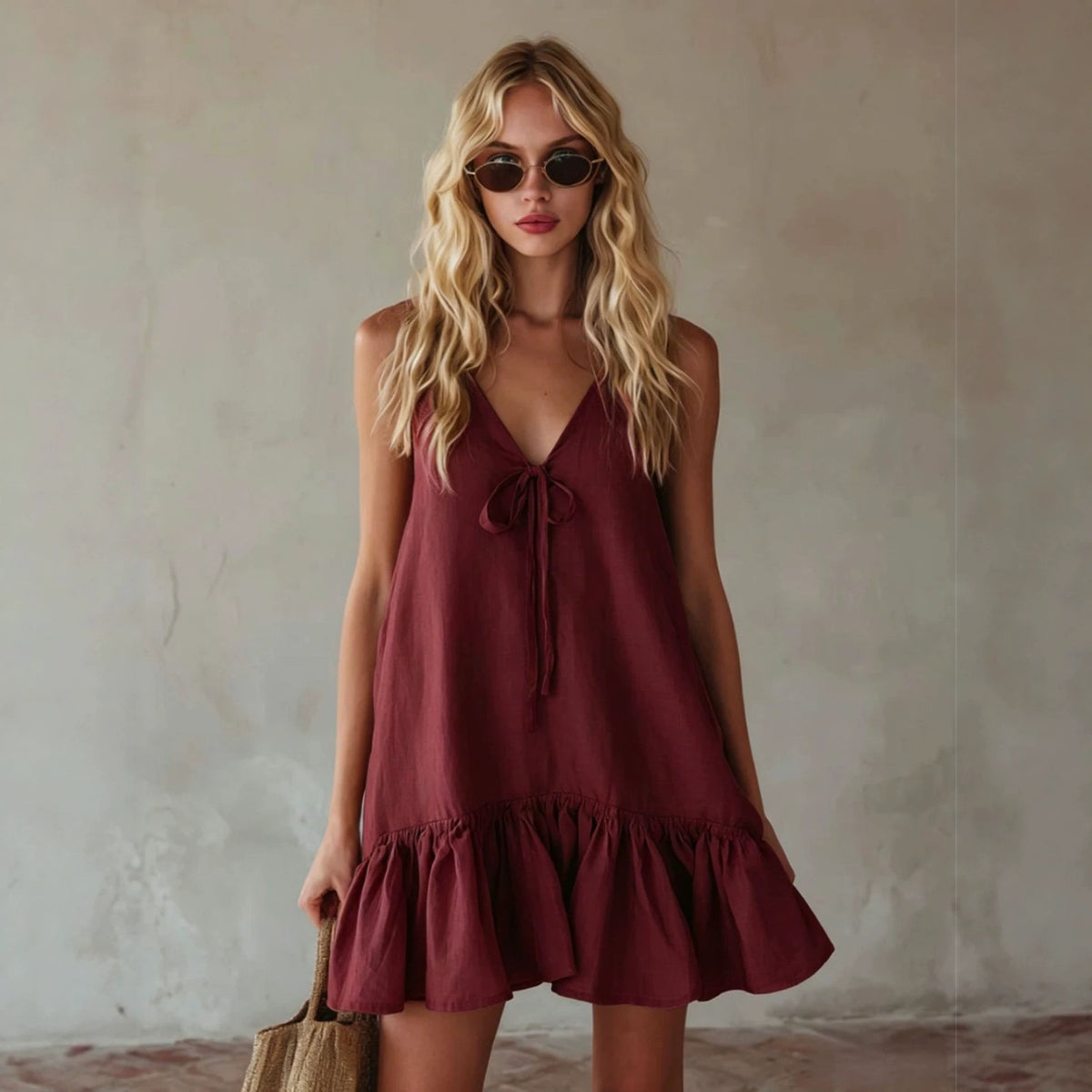 Vintage Vacation Style V-Neck Sleeveless Ruffle Loose Dress