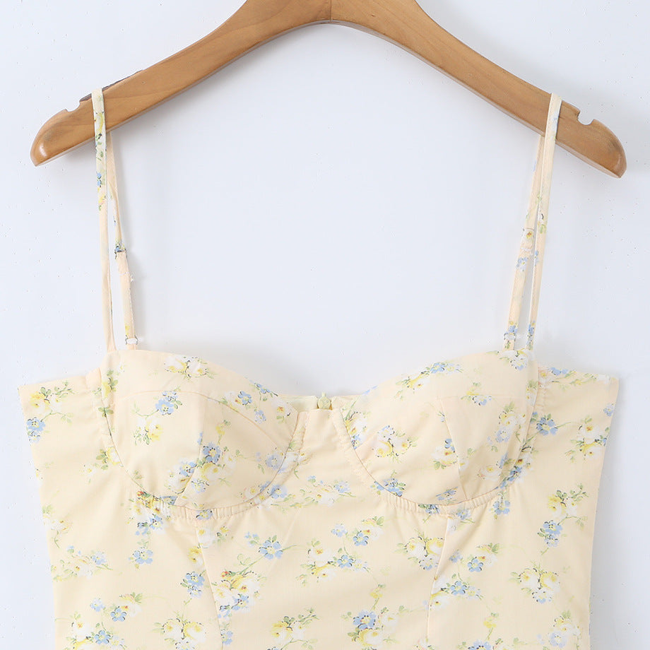 Holiday style floral waist cinching camisole dress