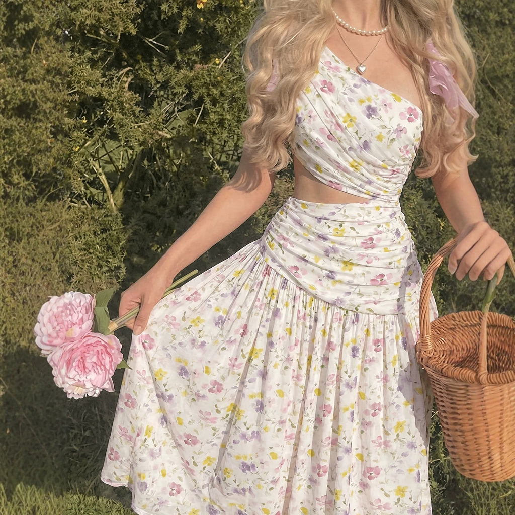 Summer New Elegant Romantic Floral Print Asymmetric Single Shoulder Cut-Out Pleated A-Line Long Dress