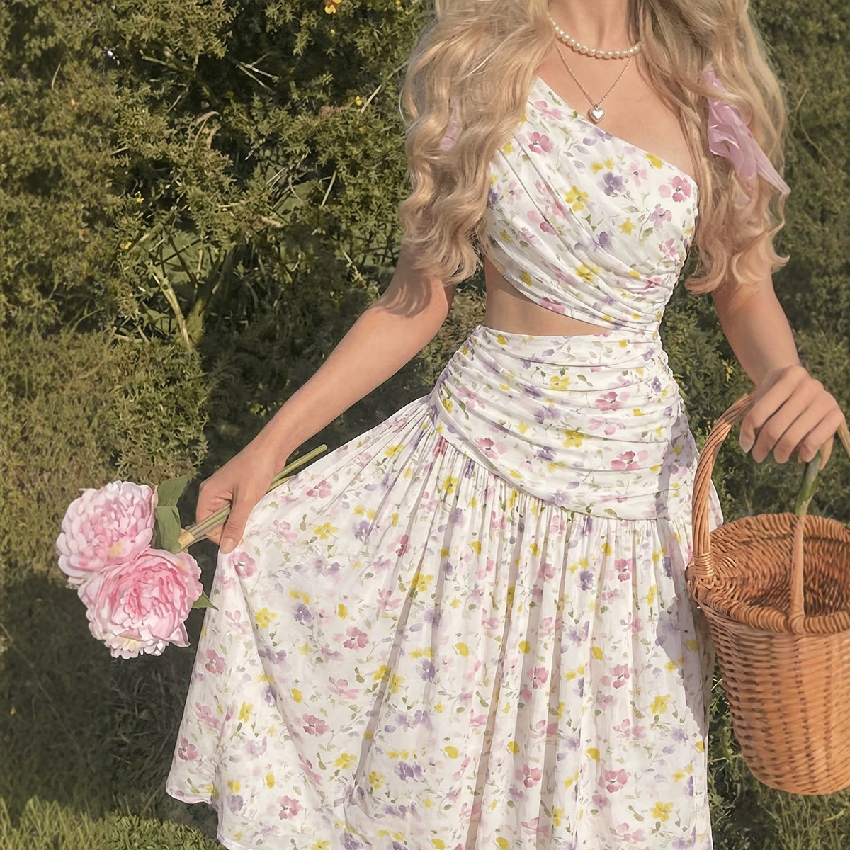 Summer New Elegant Romantic Floral Print Asymmetric Single Shoulder Cut-Out Pleated A-Line Long Dress
