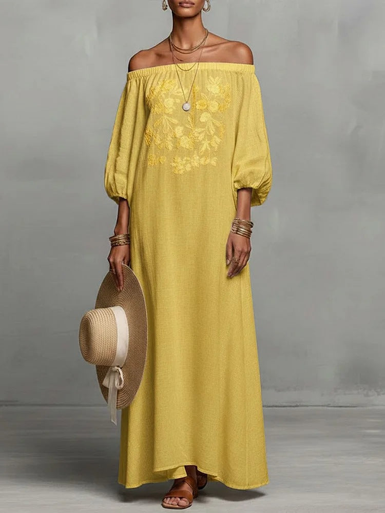 Elegant Floral Off-Shoulder Long Dress for Vacation, Casual Maxi Dress