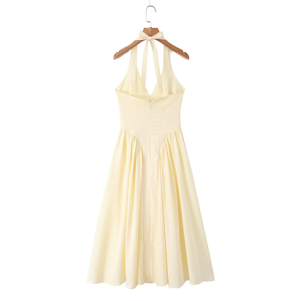 Elegant waist cinching and neck hanging mid length dress