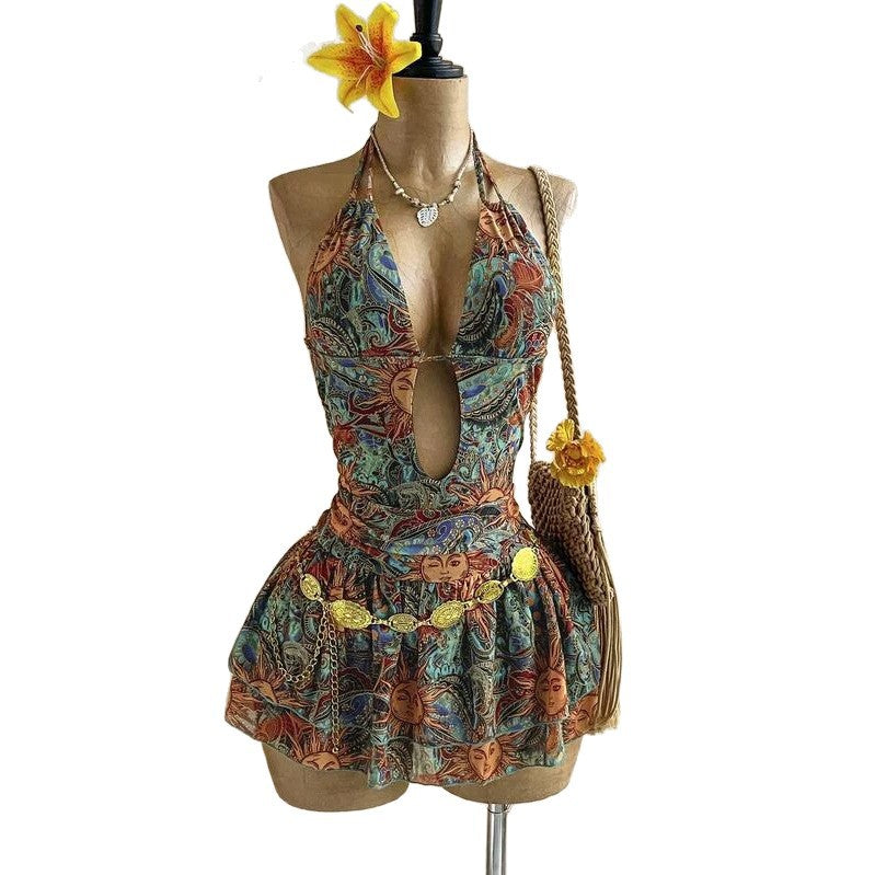 Print Halter Neck Dress Deep V Cut-Out Waist Beach Vacation Short Mini Dress