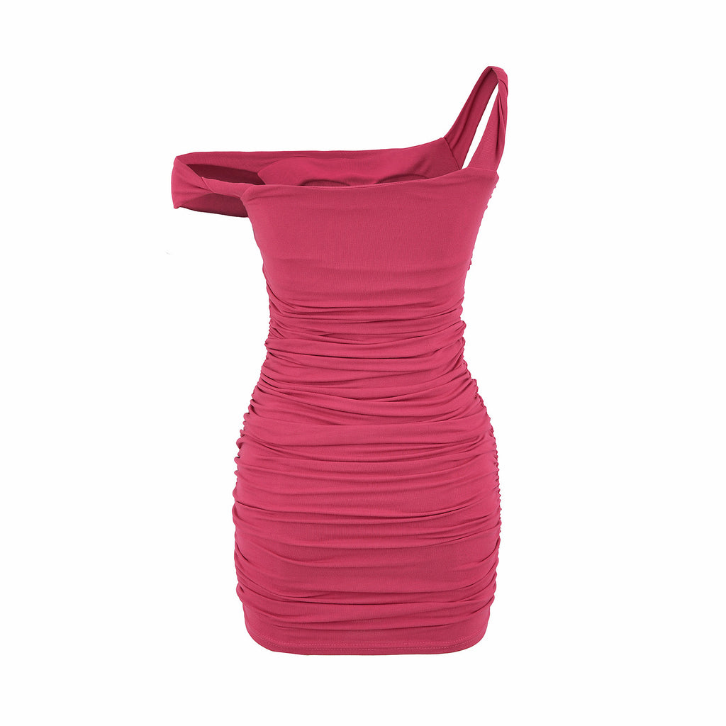 Ruched Irregular Pad-Set Asymmetrical Strap Dress, Halter Neck Slim Fit Bodycon High-Waisted Short Skirt