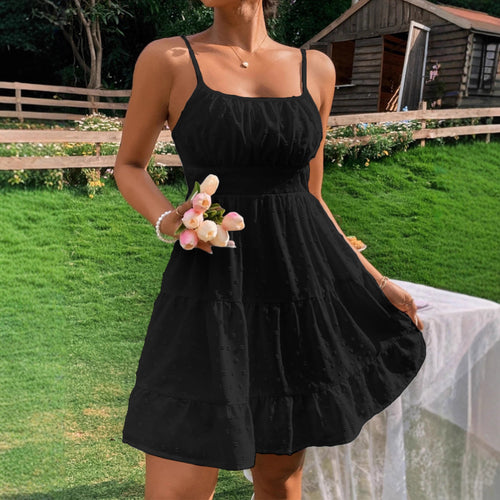 Clothing  Swiss Dot Print Strap Dress for Women Summer Casual Fit Bodycon Mini Dress