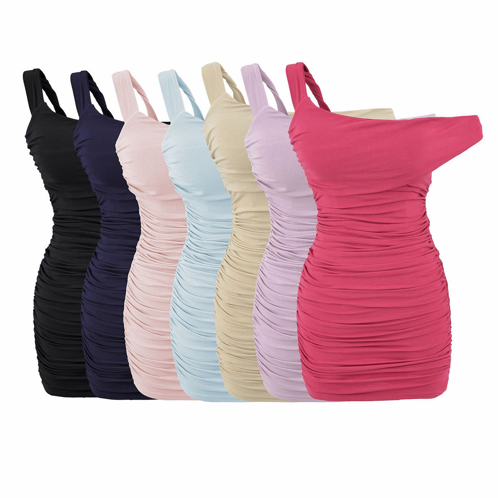 Ruched Irregular Pad-Set Asymmetrical Strap Dress, Halter Neck Slim Fit Bodycon High-Waisted Short Skirt