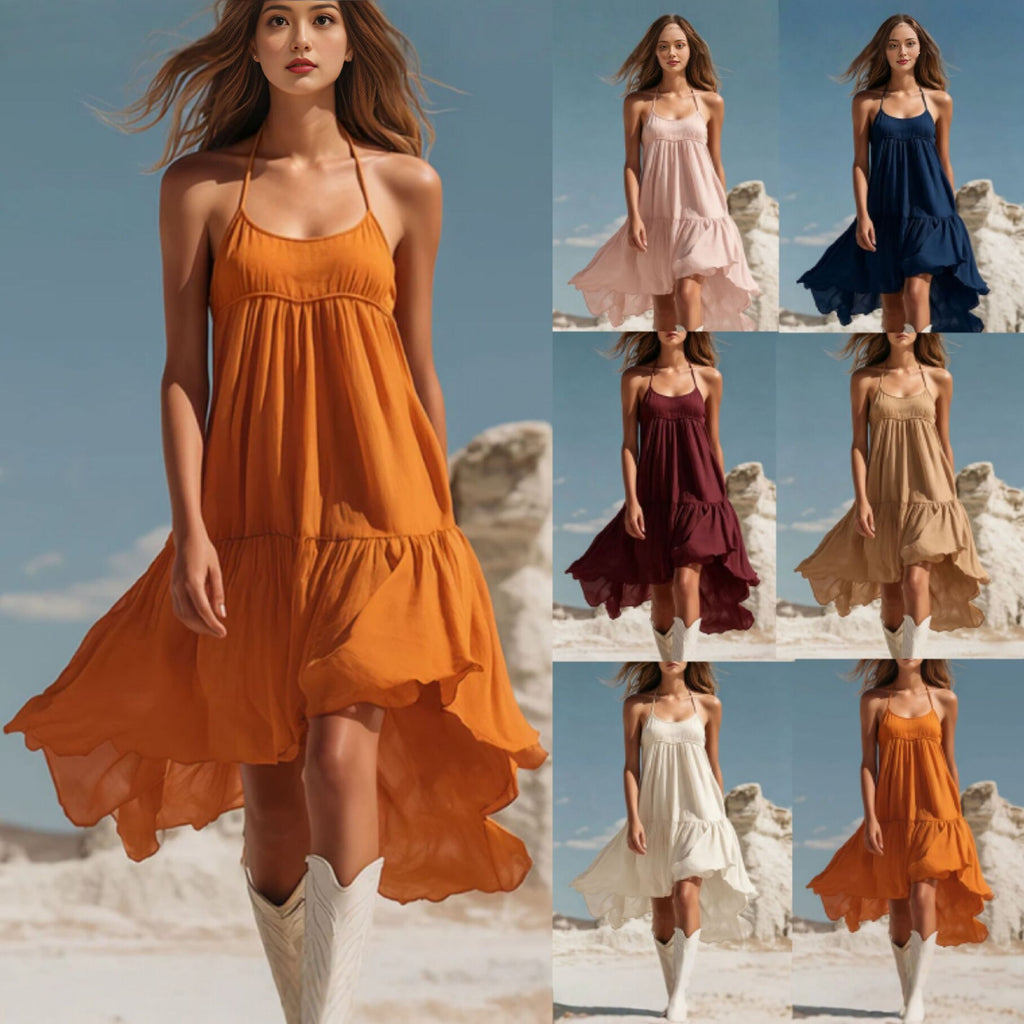 Summer New Style Vacation Bohemian Strapless Ruffle Irregular Dress for Women Beach Dress