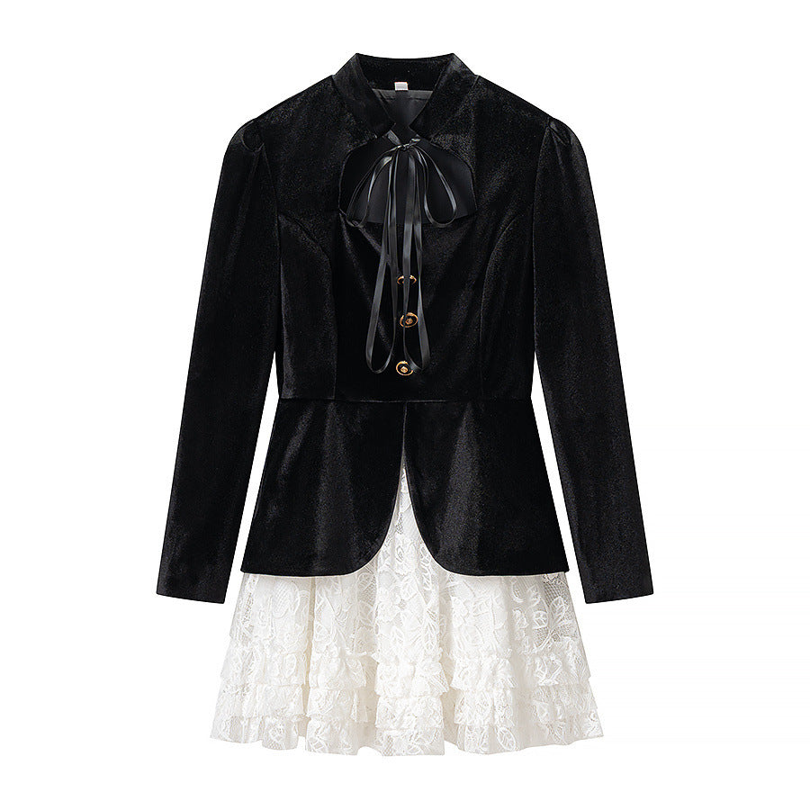 Commuting style elegant velvet patchwork long sleeved dress