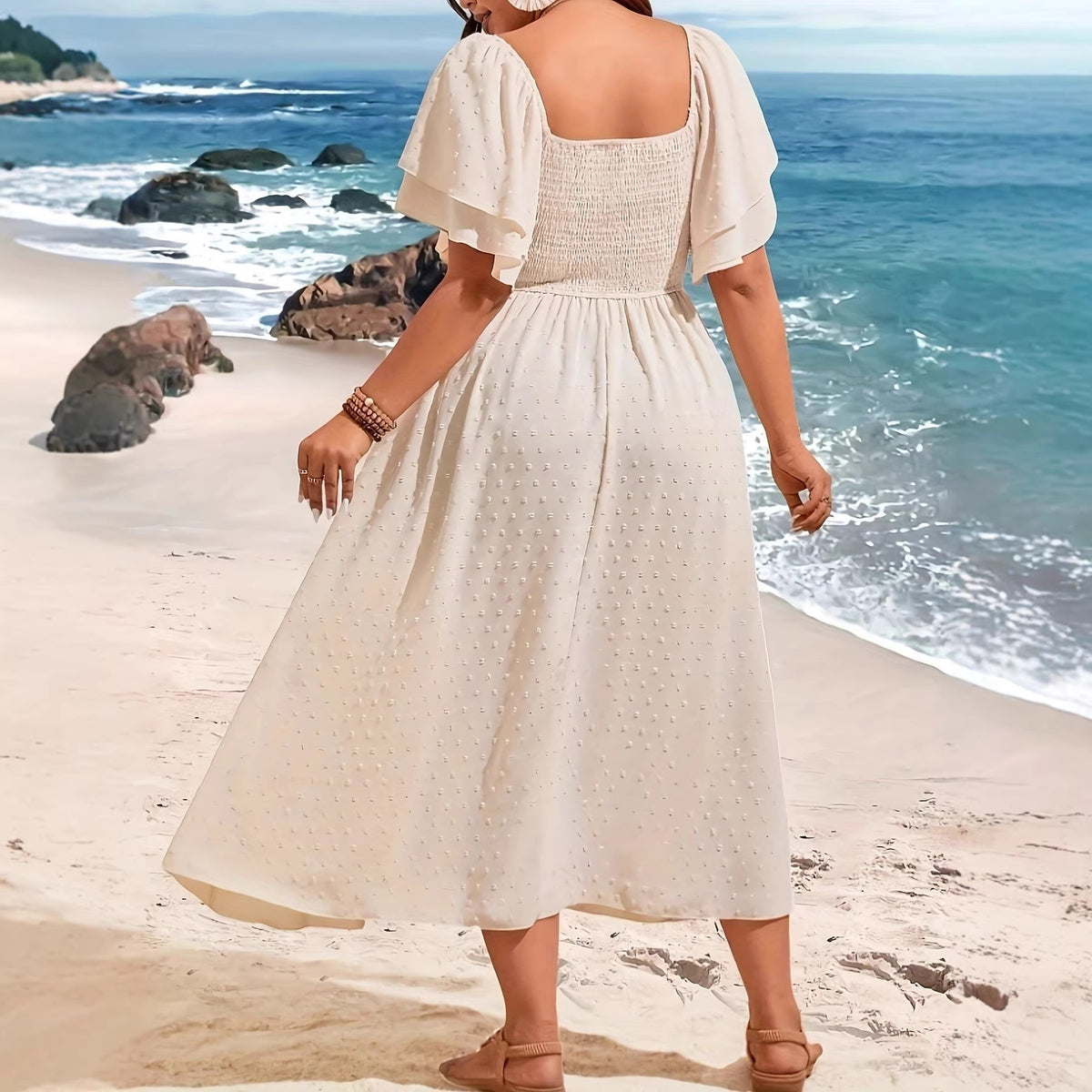 Vacation beach style hollow lace waist-cinching tie women's V-neck plus-size dress
