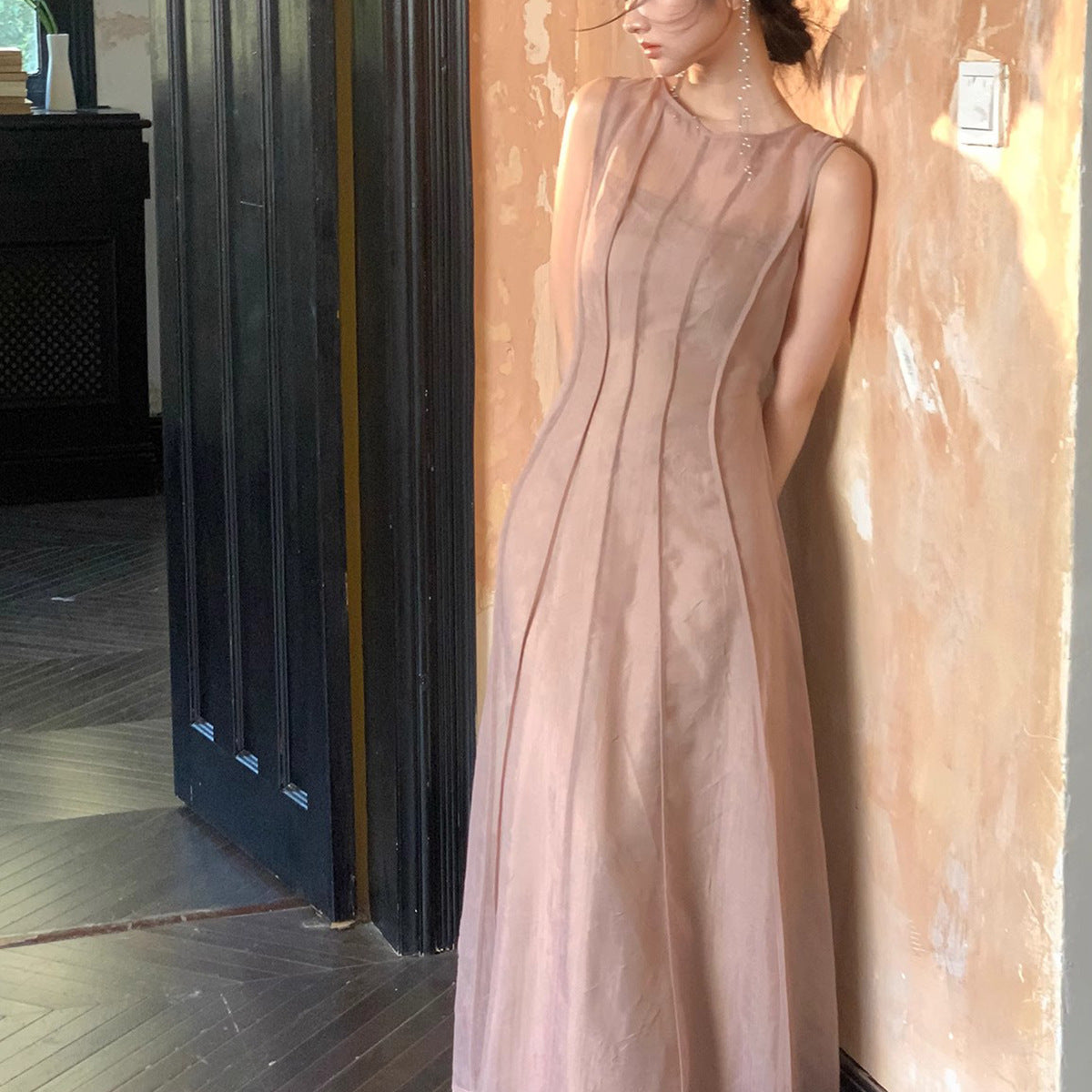 Elegant Pleated Chiffon Dress for Women Flowy Long Strapless Dress, Casual Office Style