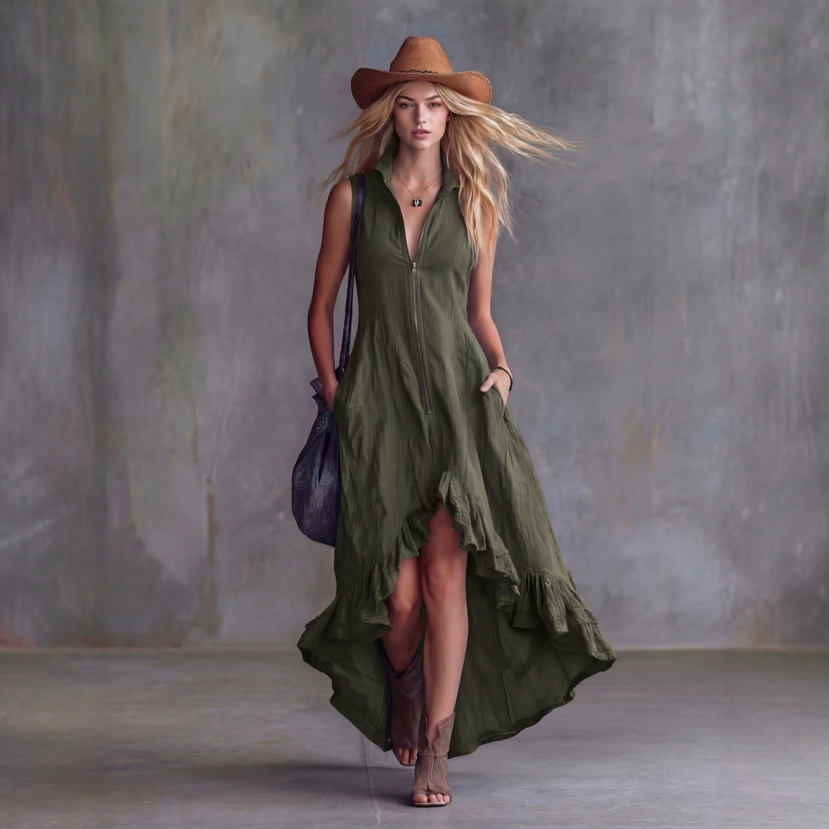 Vintage Casual Turn-Down Collar Front Zipper Ruffle Hem Dress for Women