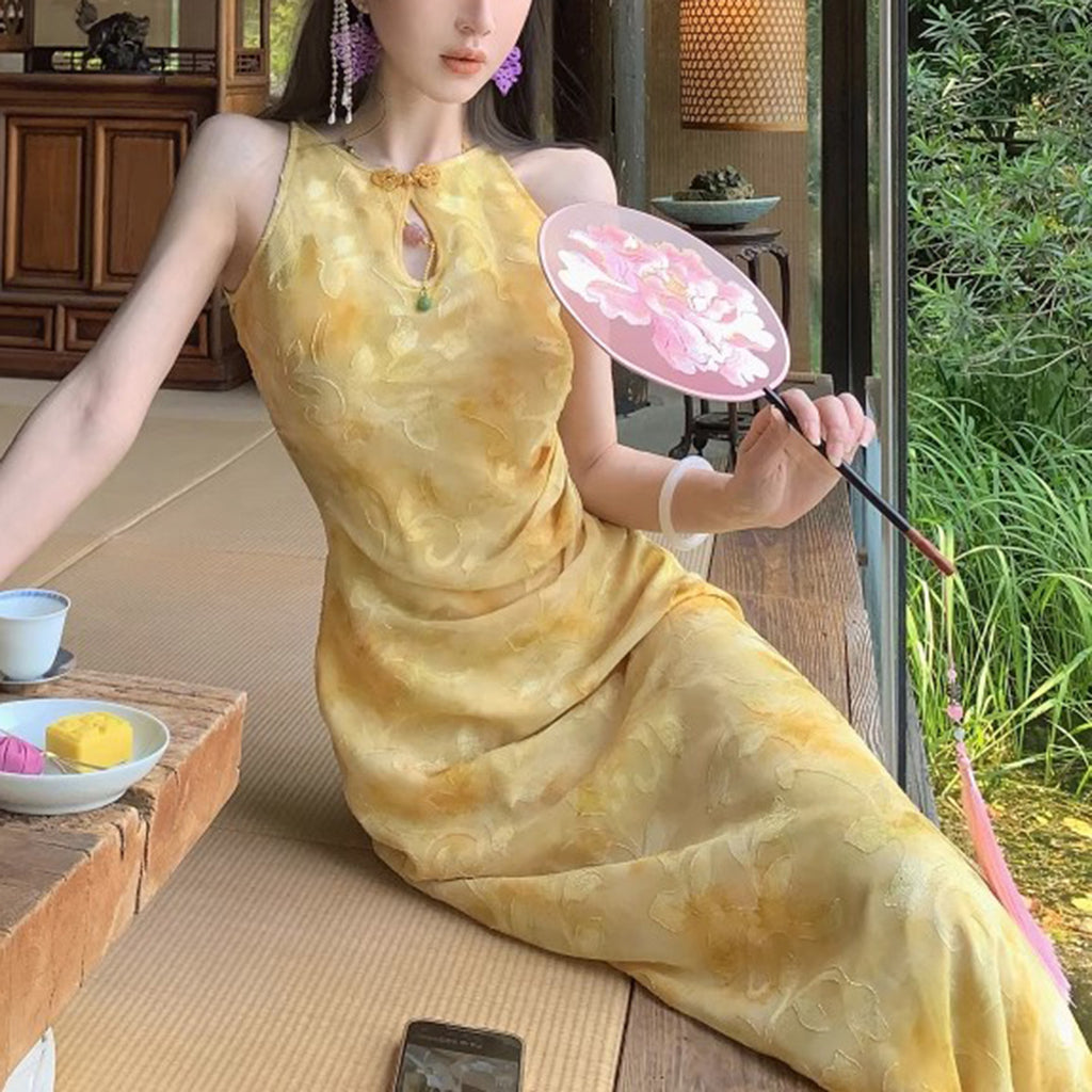 Cut-Out Shoulder Improved Cheongsam Mid-Length Dress