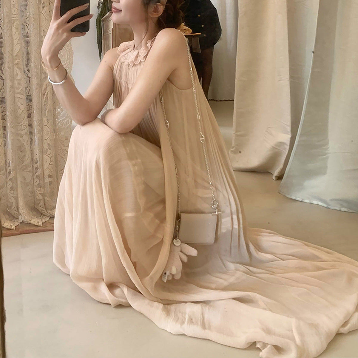 Capri Summer Silk Embroidered Petal Neckline Halter Dress Sweet Strapless Women's Long Dress Summer