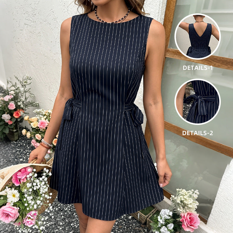 Round neck lace up striped A-list dress