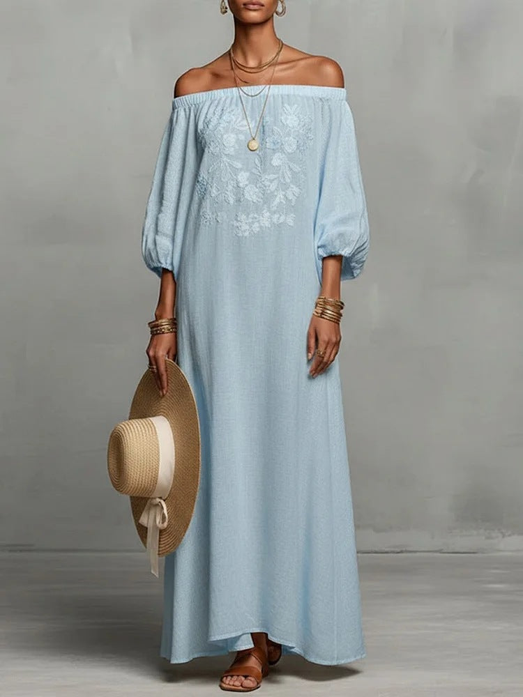 Elegant Floral Off-Shoulder Long Dress for Vacation, Casual Maxi Dress