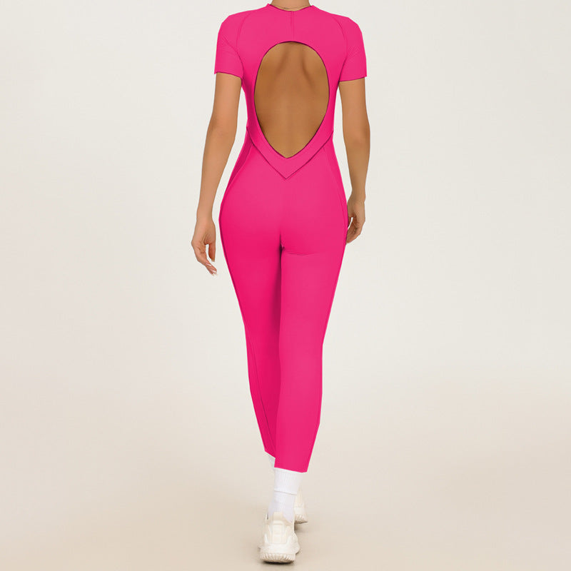 Three dimensional tight fitting sports short sleeved pants jumpsuit, backless one-piece jumpsuit with chest cushion yoga suit