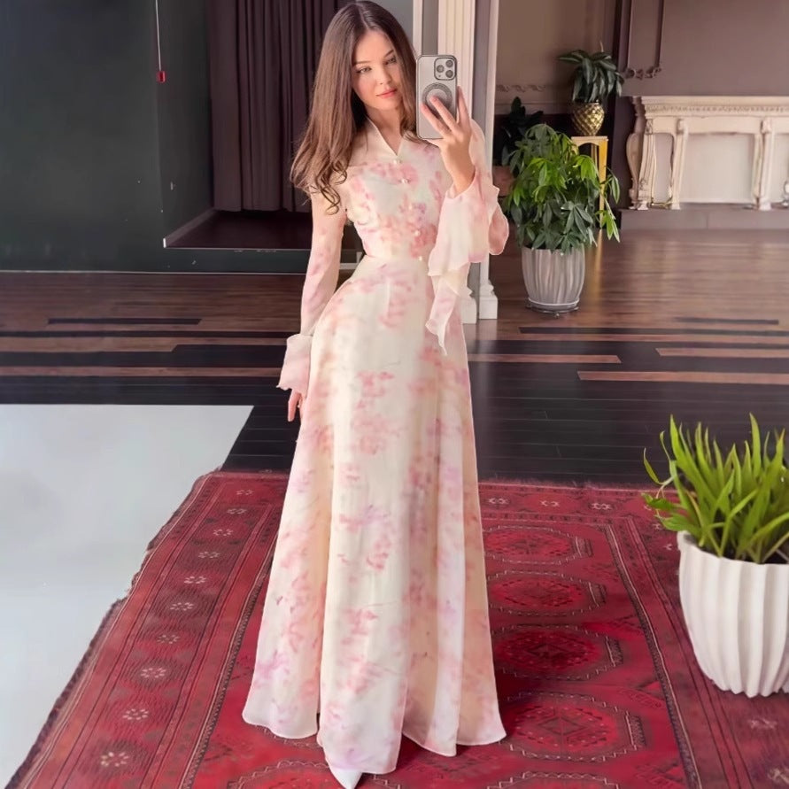 Style Printed Fitted Flared Sleeve A-line Long Sleeve Dress