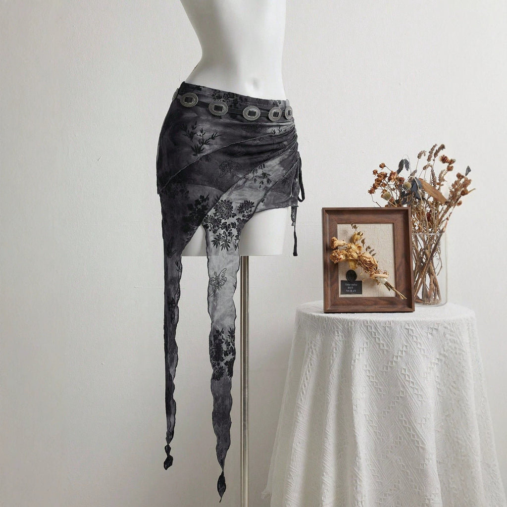 Irregular Mesh Panelled Metal Belt Low-Waist Skirt