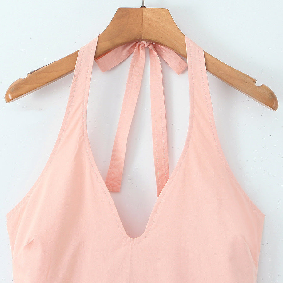 Elegant waist cinched backless neck hanging mid length dress