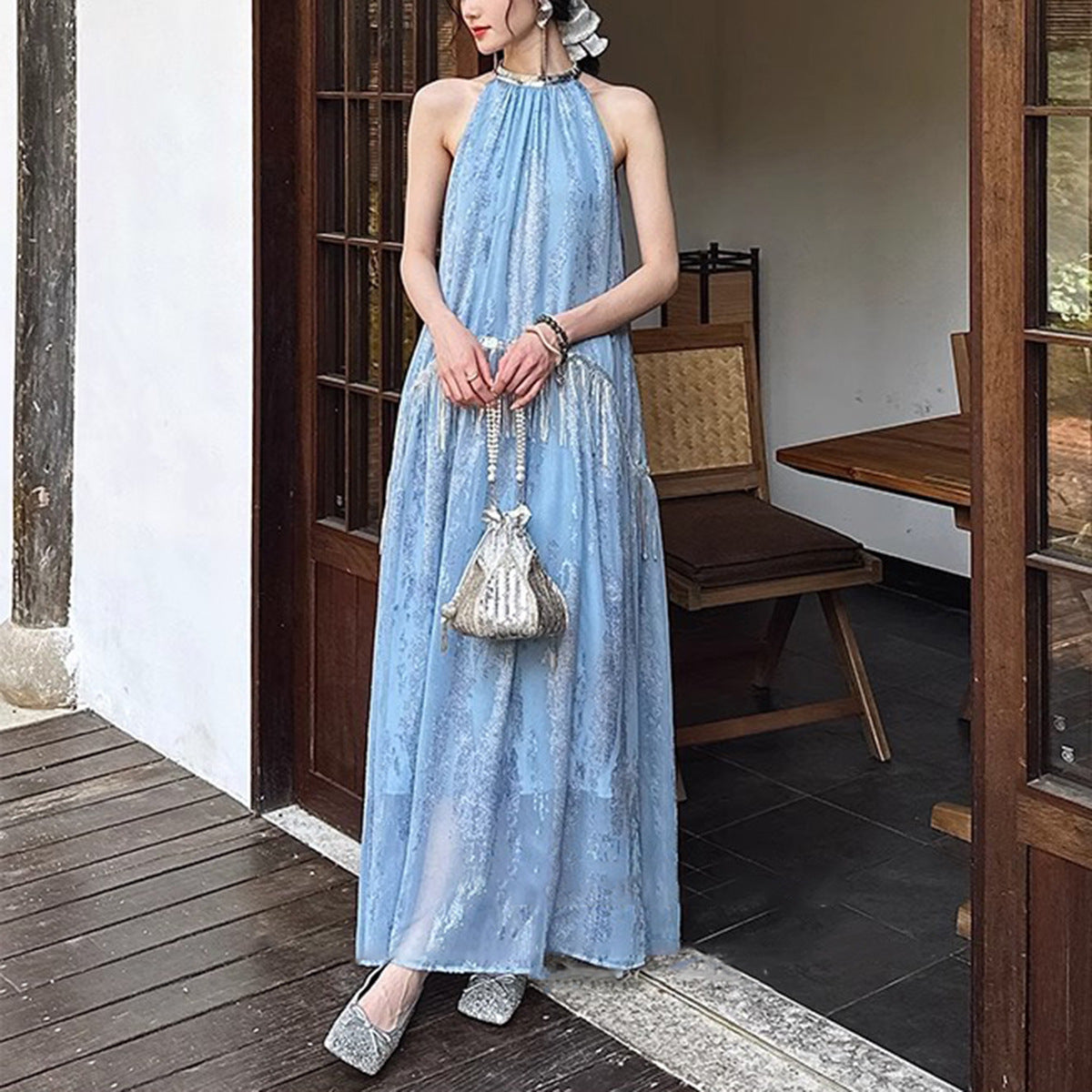 New Chinese Style Tencel Burnout Print Dress with Strap Neckline, Summer Fashion Dre